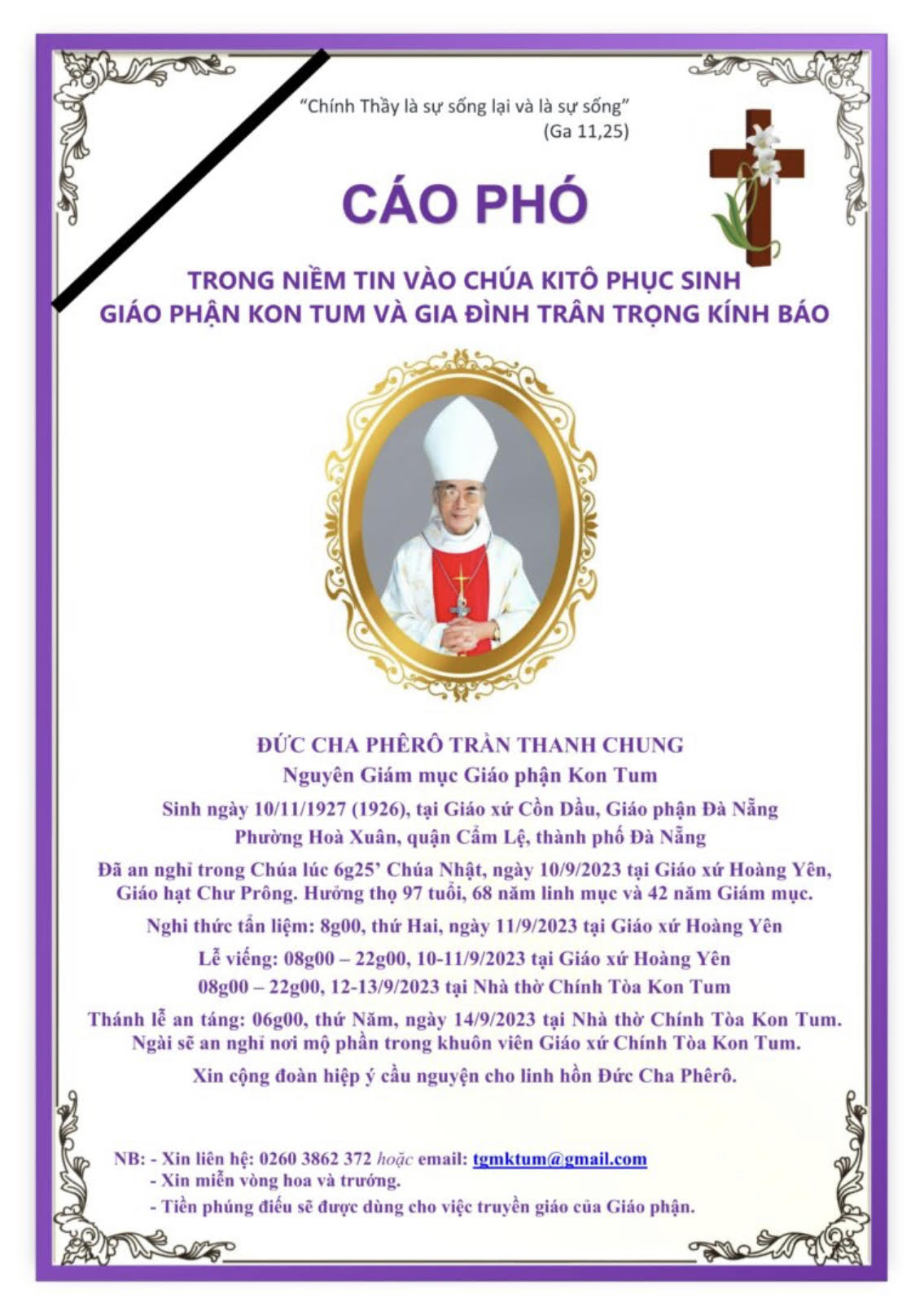 Cáo Phó: Đức Giám mục Phêrô Trần Thanh Chung