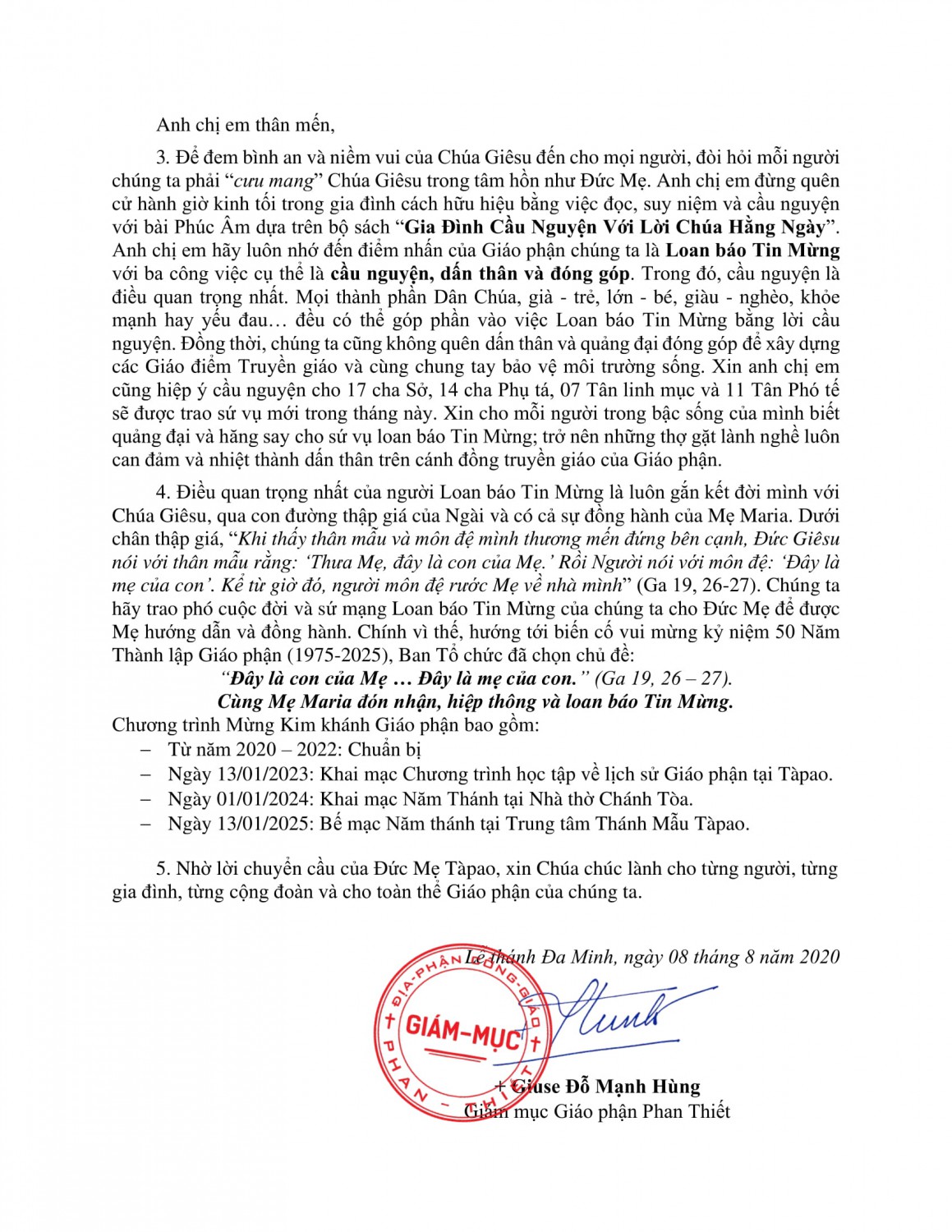 Thư Mục Vụ tháng 8/2020 của ĐGM Giáo phận Phan Thiết