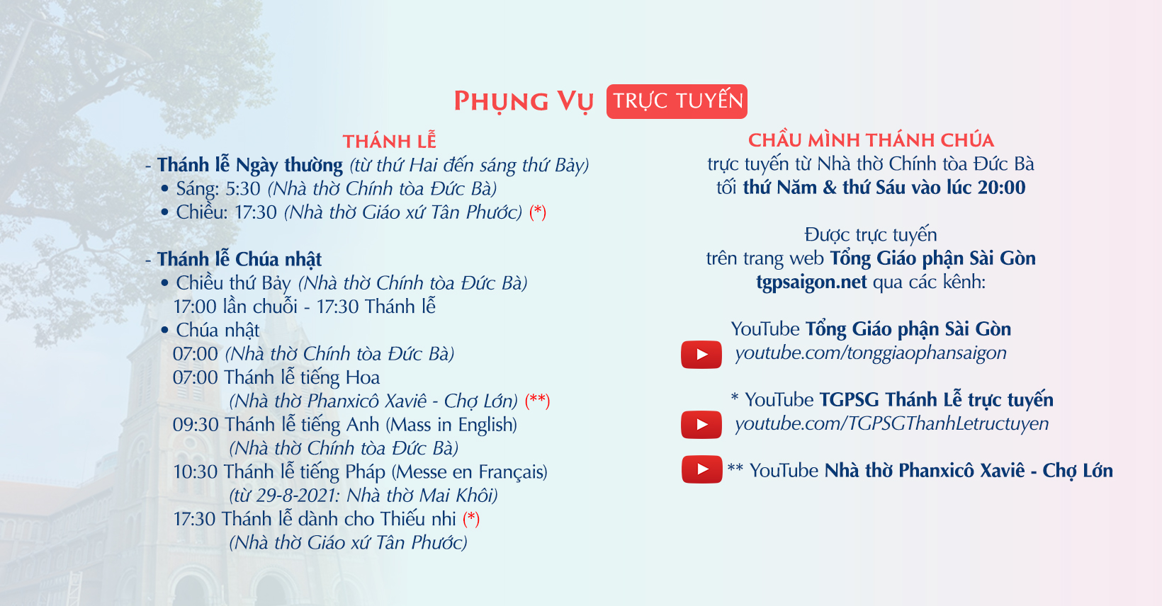 Tổng Giáo phận Sài Gòn: Phụng vụ trực tuyến từ 4-10-2021 đến 9-10-2021