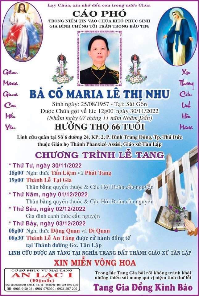 Cáo phó: bà cố  Maria, thân mẫu Lm. Giuse Nguyễn Nhật Trường - qua đời ngày 30-11-2022; An táng 3-12-2022