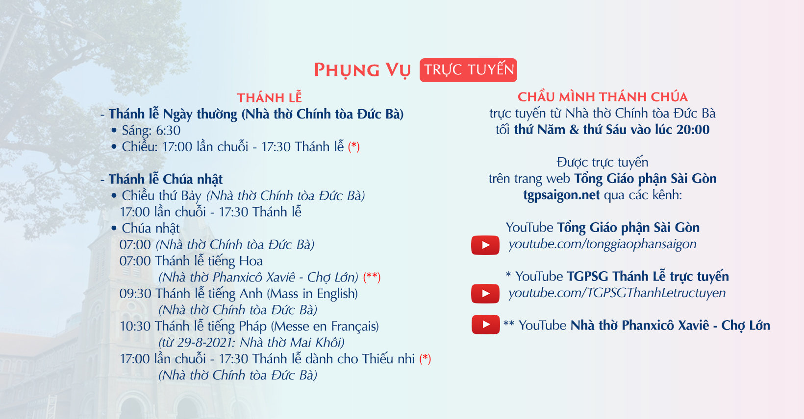 Tổng Giáo phận Sài Gòn: Phụng vụ trực tuyến từ 27-9-2021 đến 2-10-2021