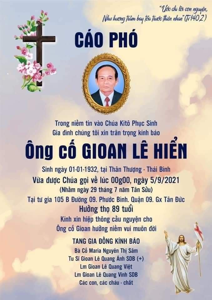Cáo phó: Ông cố Gioan - thân phụ cha chánh xứ Tân Phước qua đời ngày 5-9-2021
