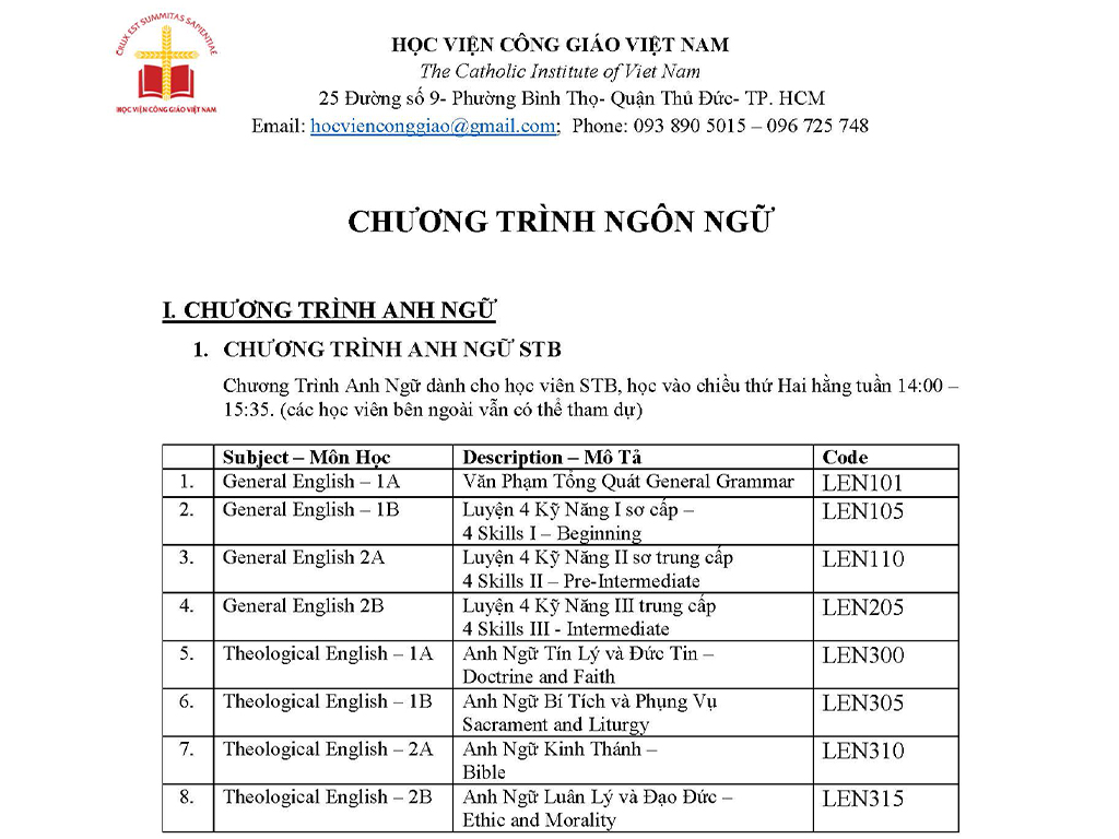 Học viện Công giáo Việt Nam: Thông báo chương trình Ngôn ngữ & các chương trình đào tạo ngành mục vụ