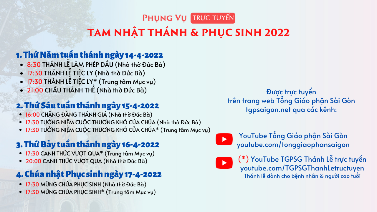 Tổng Giáo phận Sài Gòn: Phụng vụ trực tuyến Tam Nhật Thánh & Phục sinh 2022