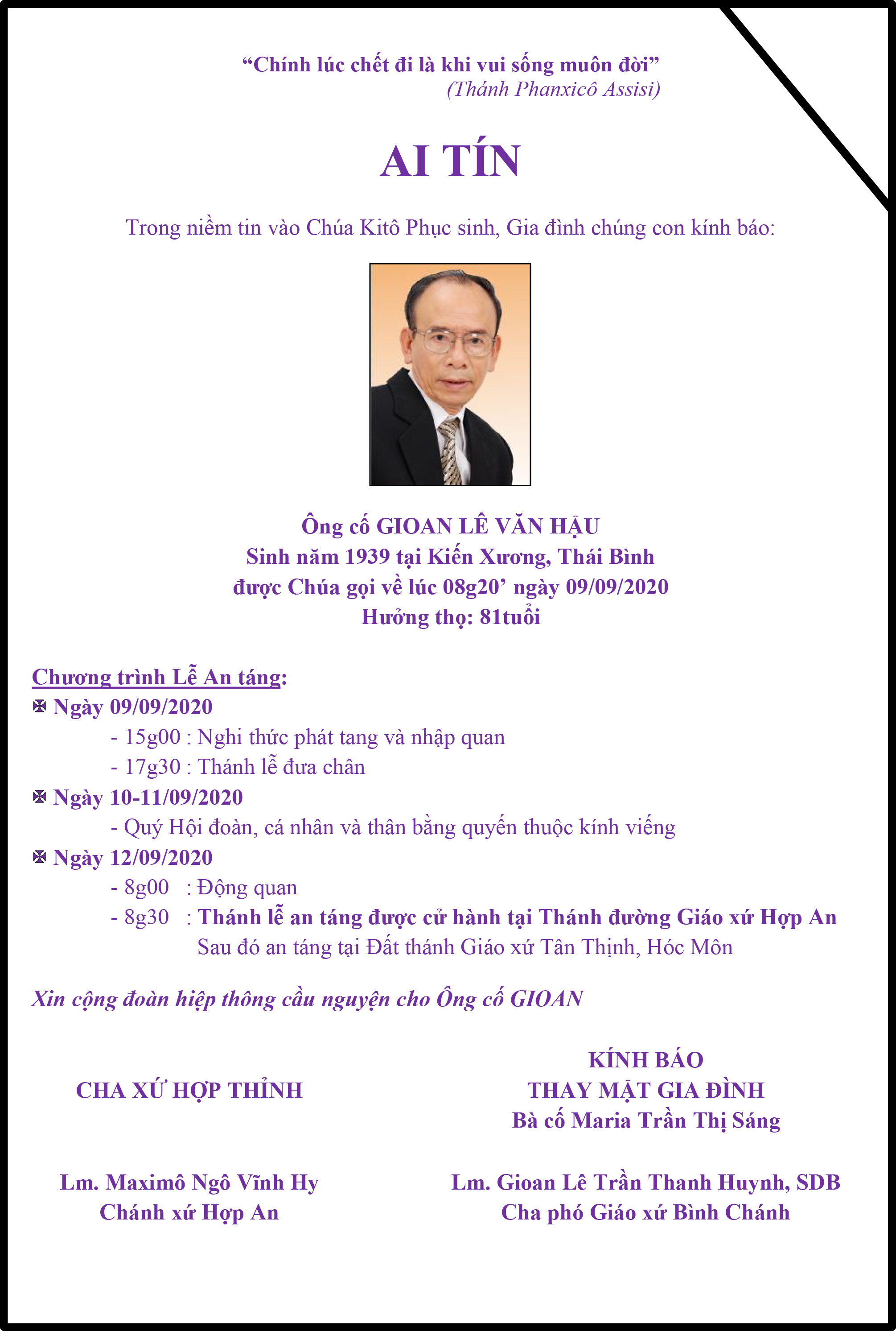 Cáo phó: thân phụ linh mục Lê Trần Thanh Huynh, SDB - Phó xứ Bình Chánh - qua đời, lễ an táng 8g30 thứ Bảy 12-9-2020 tại Nhà thờ Hợp An