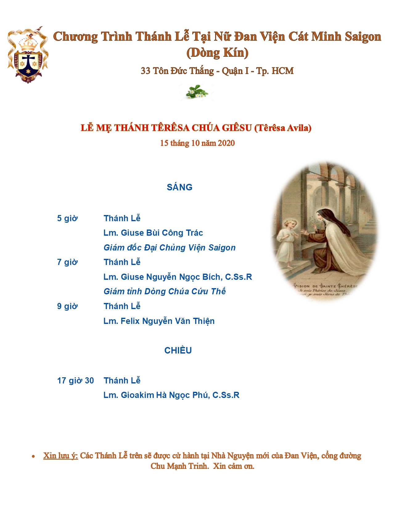 Đan viện Cát Minh Sài Gòn: Chương trình thánh lễ ngày 15-10-2020