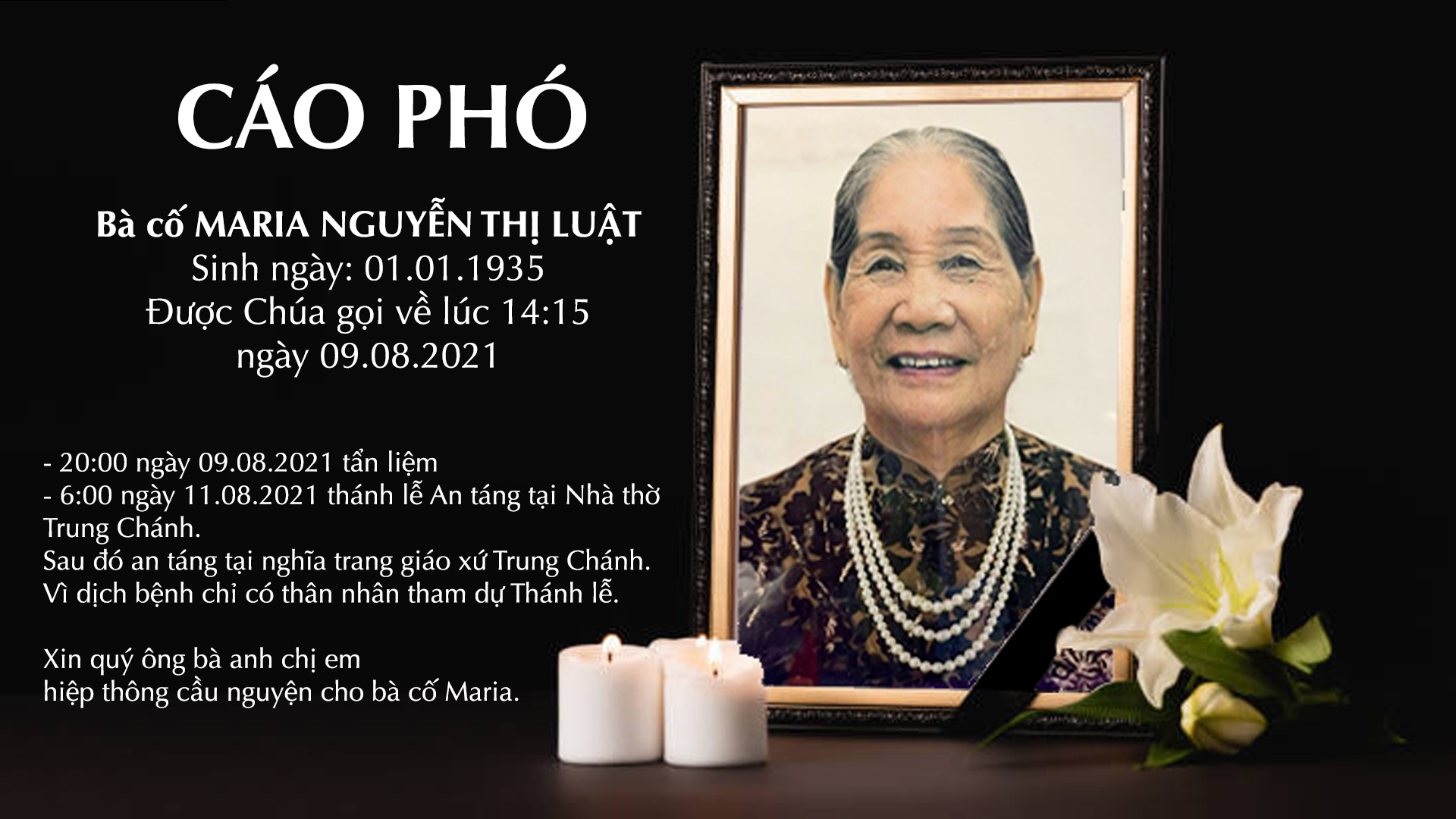 Cáo phó: Thân mẫu của Lm Phêrô Đỗ Duy Khánh qua đời 9-8-2021