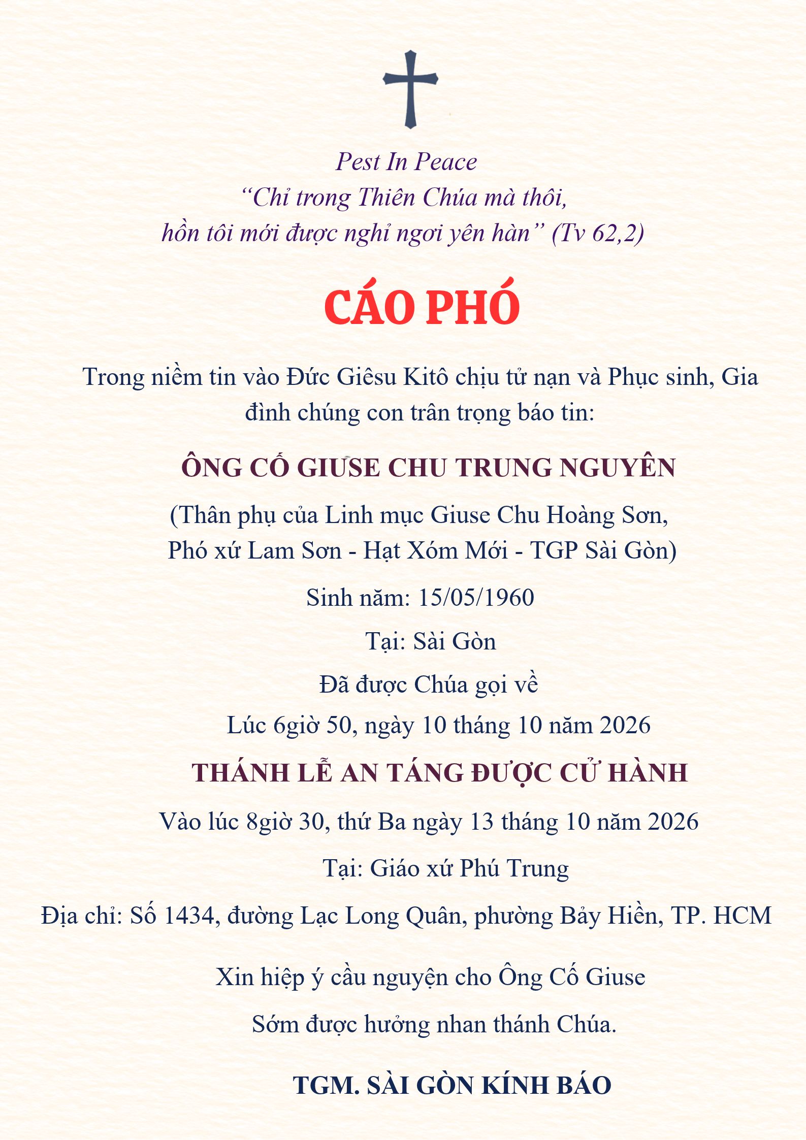 Cáo phó: Thân phụ Linh mục Giuse Chu Hoàng Sơn qua đời