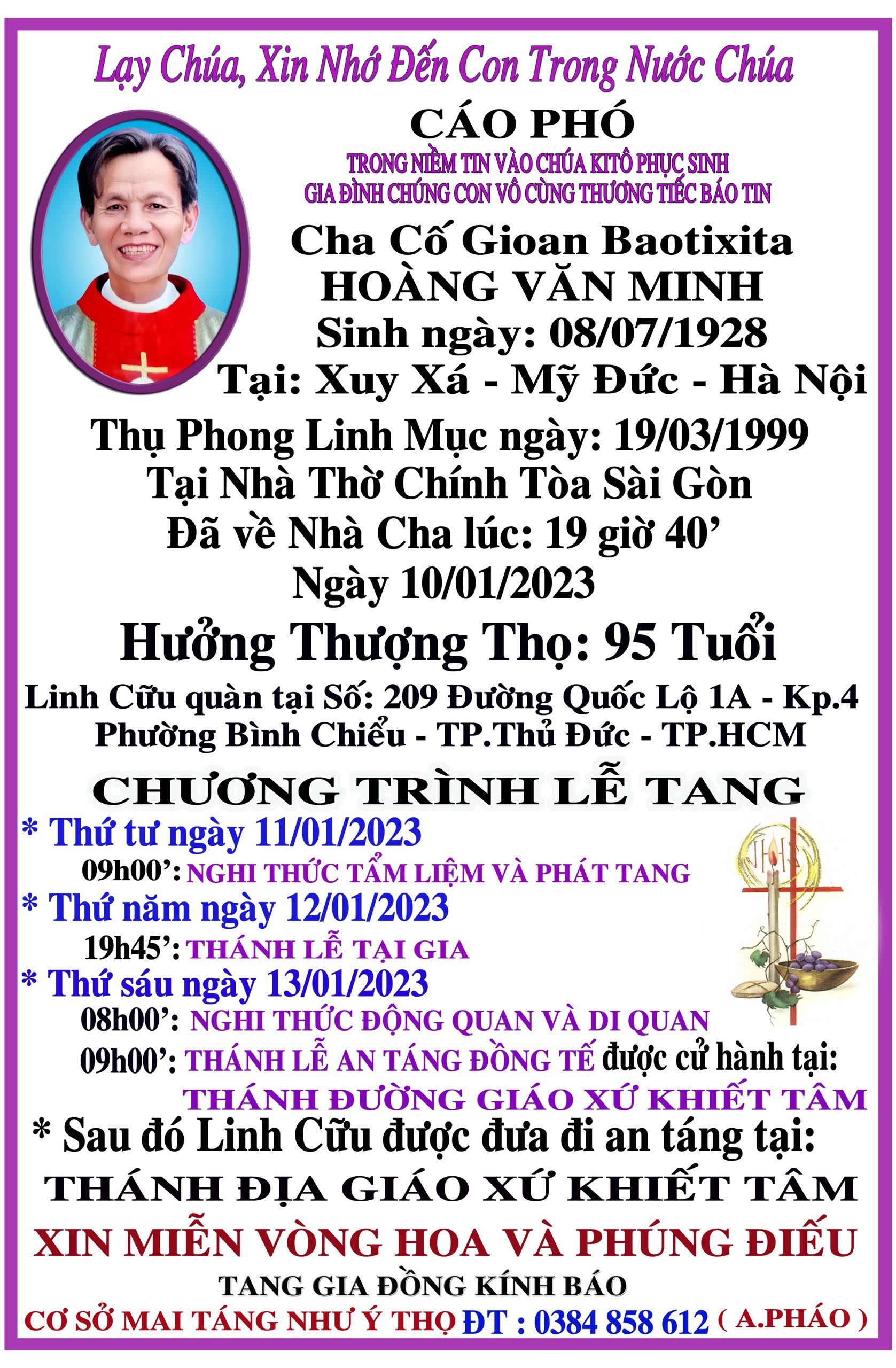 Cáo phó: Linh mục GB Hoàng Văn Minh trở về Nhà Cha ngày 10-1-2023; Lễ An táng lúc 9g ngày 13-1-2023
