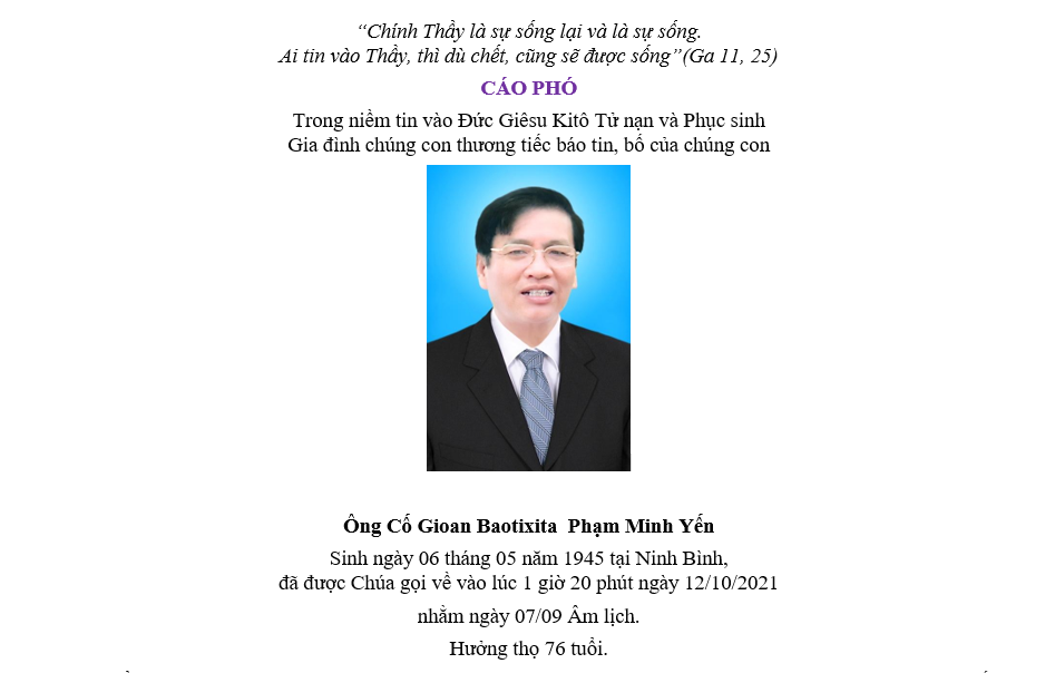Cáo phó: thân phụ linh mục Gioan Baotixita Phạm Ngọc Sơn qua đời 12-10-2021