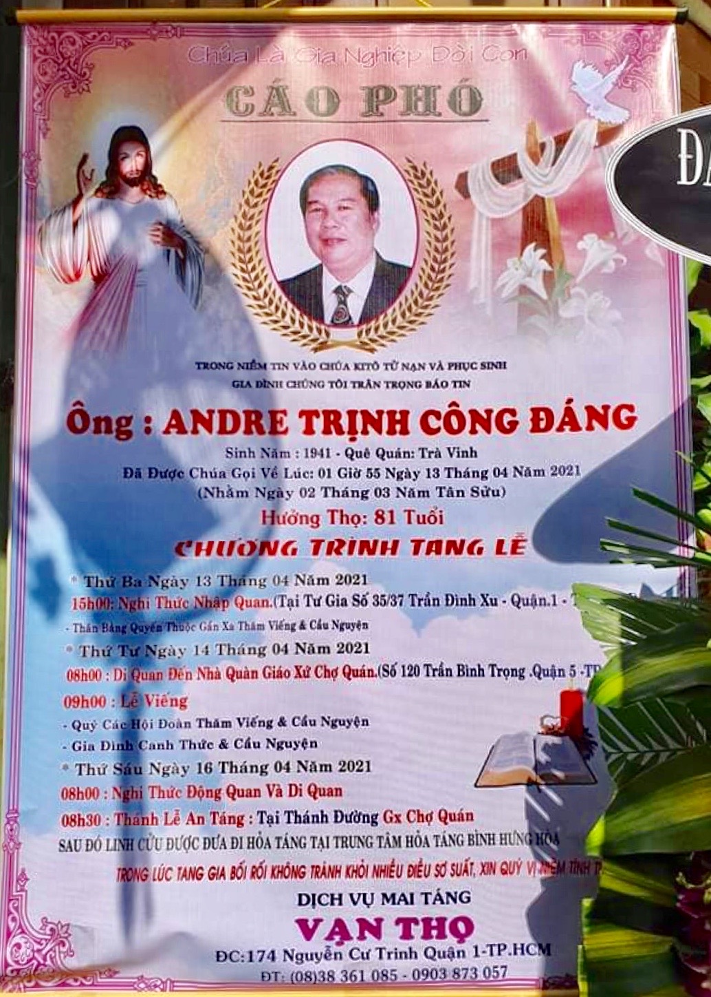 Cáo phó: thân phụ linh mục Gabriel Trịnh Công Chánh qua đời 13-4-2021, lễ An táng 8g30 thứ Sáu 16-4-2021 tại Gx. Chợ Quán