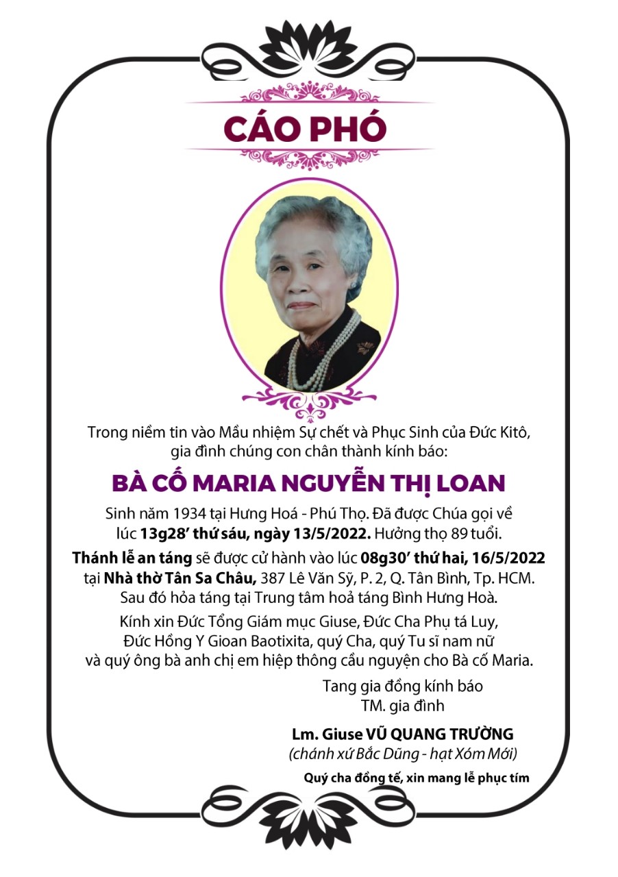 Cáo phó: bà cố Maria - thân mẫu của Lm. Giuse Vũ Quang Trường - qua đời ngày 13-5-2022; An táng 15-5-2022