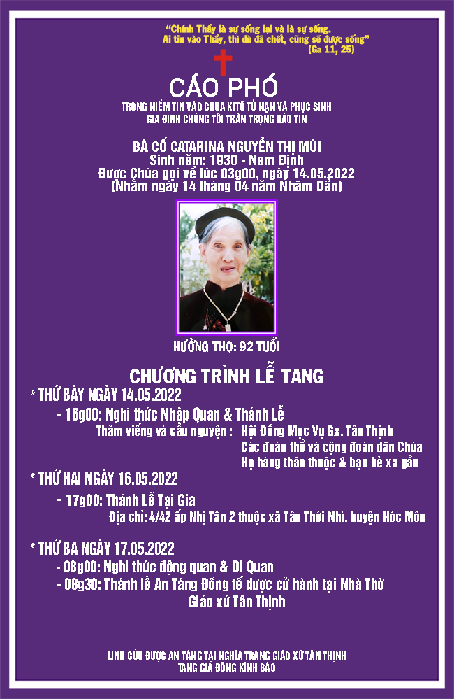 Cáo phó: bà cố Catarina - thân mẫu Lm. Giuse Bùi Văn Quyền - qua đời ngày 14-5-2022; An táng 17-5-2022