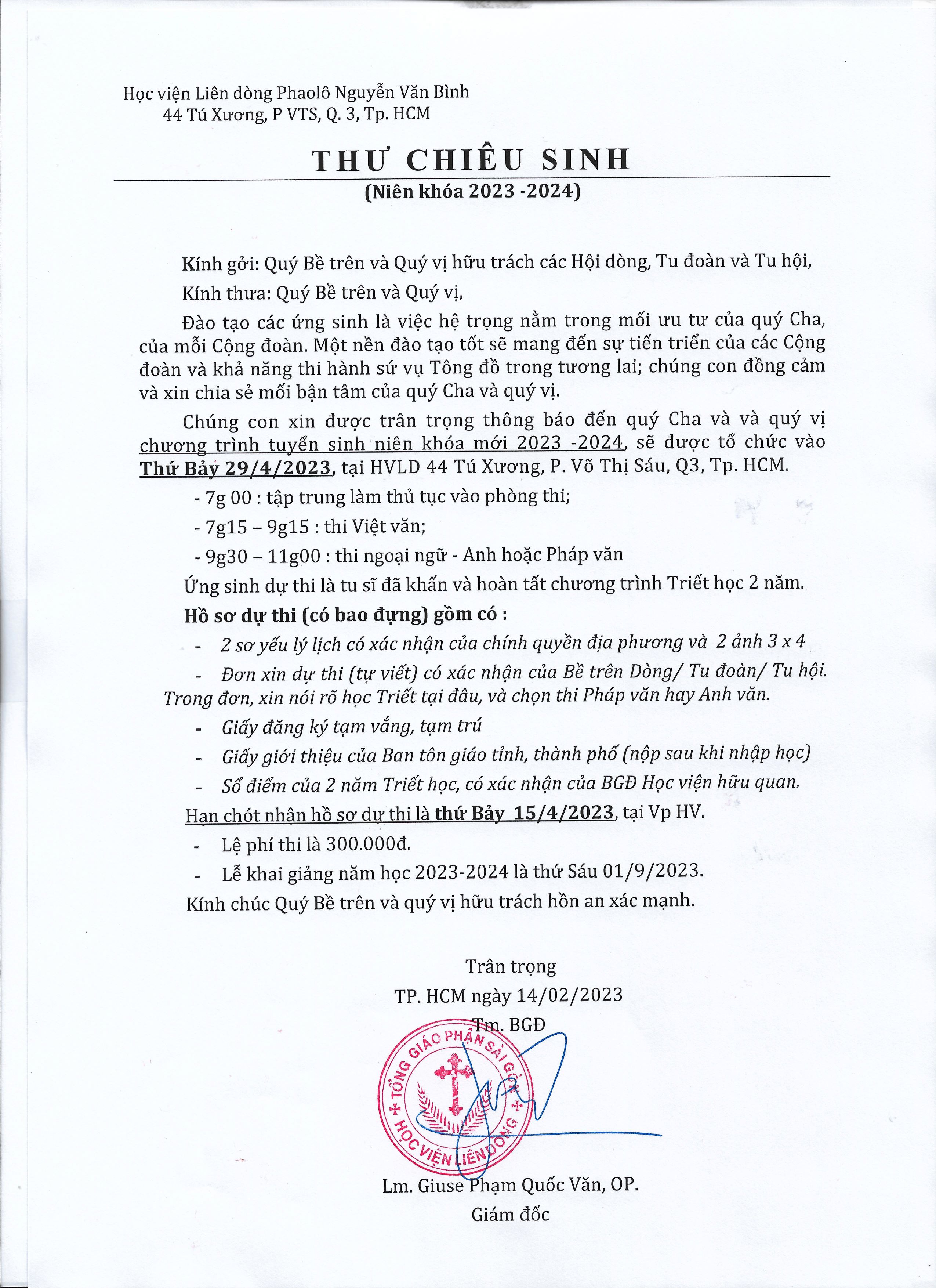 Học viện Liên dòng Phaolô Nguyễn Văn Bình: Thư chiêu sinh niên khóa 2023-2024