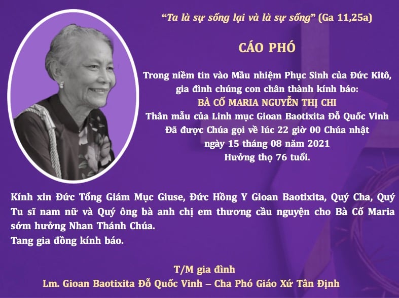Cáo phó: Thân mẫu của Linh mục GB Đỗ Quốc Vinh, phó xứ Tân Định - Bà cố Maria Nguyễn Thị Chi qua đời 15-8-2021