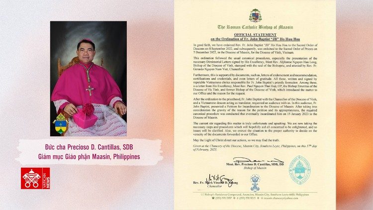 Tuyên bố của Giám mục Gp. Maasin liên quan đến “Việc truyền chức của Cha Gioan Baotixita 'JB' Hồ Hữu Hòa”
