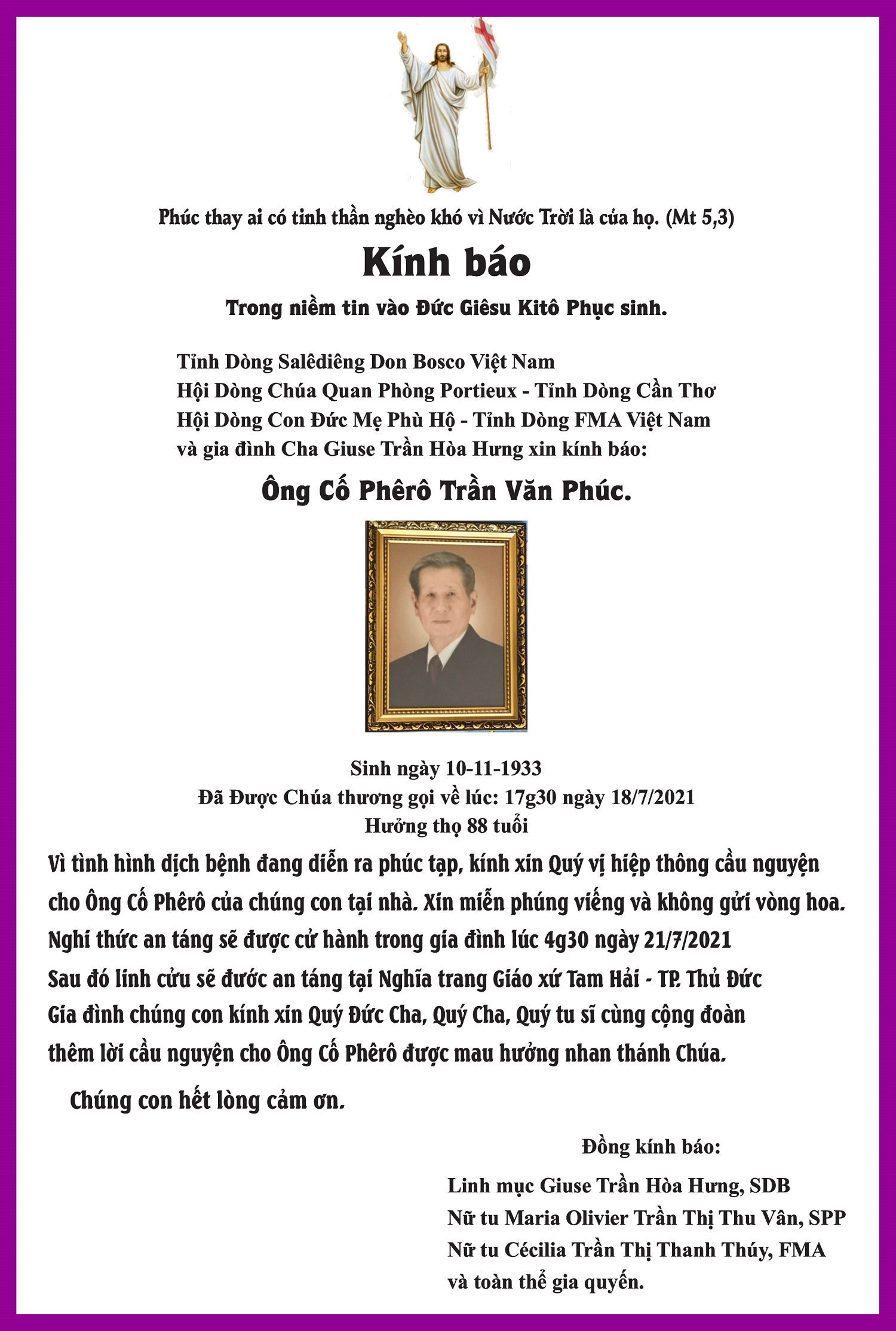 Cáo phó: Thân phụ linh mục Giuse Trần Hòa Hưng - Đại diện Giám mục đặc trách tu sĩ - qua đời 18-7-2021