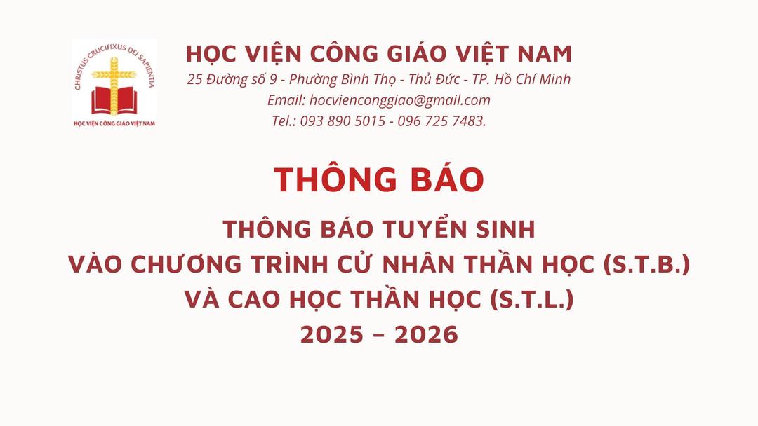 Học viện Công giáo Việt Nam thông báo tuyển sinh cử nhân và cao học thần học năm học 2025 - 2026