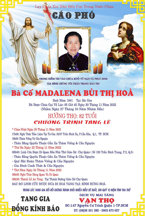 Cáo phó: bà cố Madalena - thân mẫu của Lm. Gabriel Trịnh Công Chánh - qua đời ngày 20-11-2022; An táng 24-11-2022