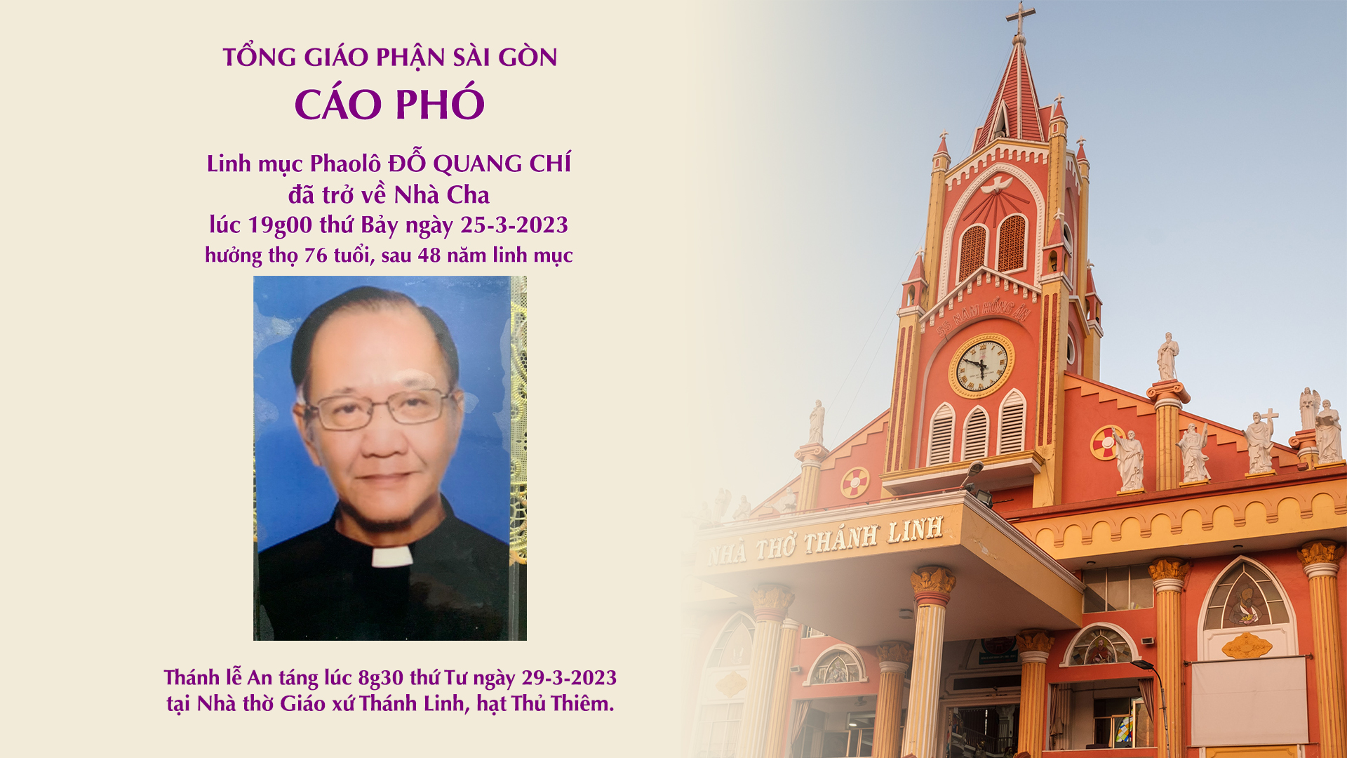 Cáo phó: Lm Phaolô Đỗ Quang Chí trở về Nhà Cha ngày 25-3-2023; Lễ An táng lúc 8g30 thứ Tư 29-3-2023