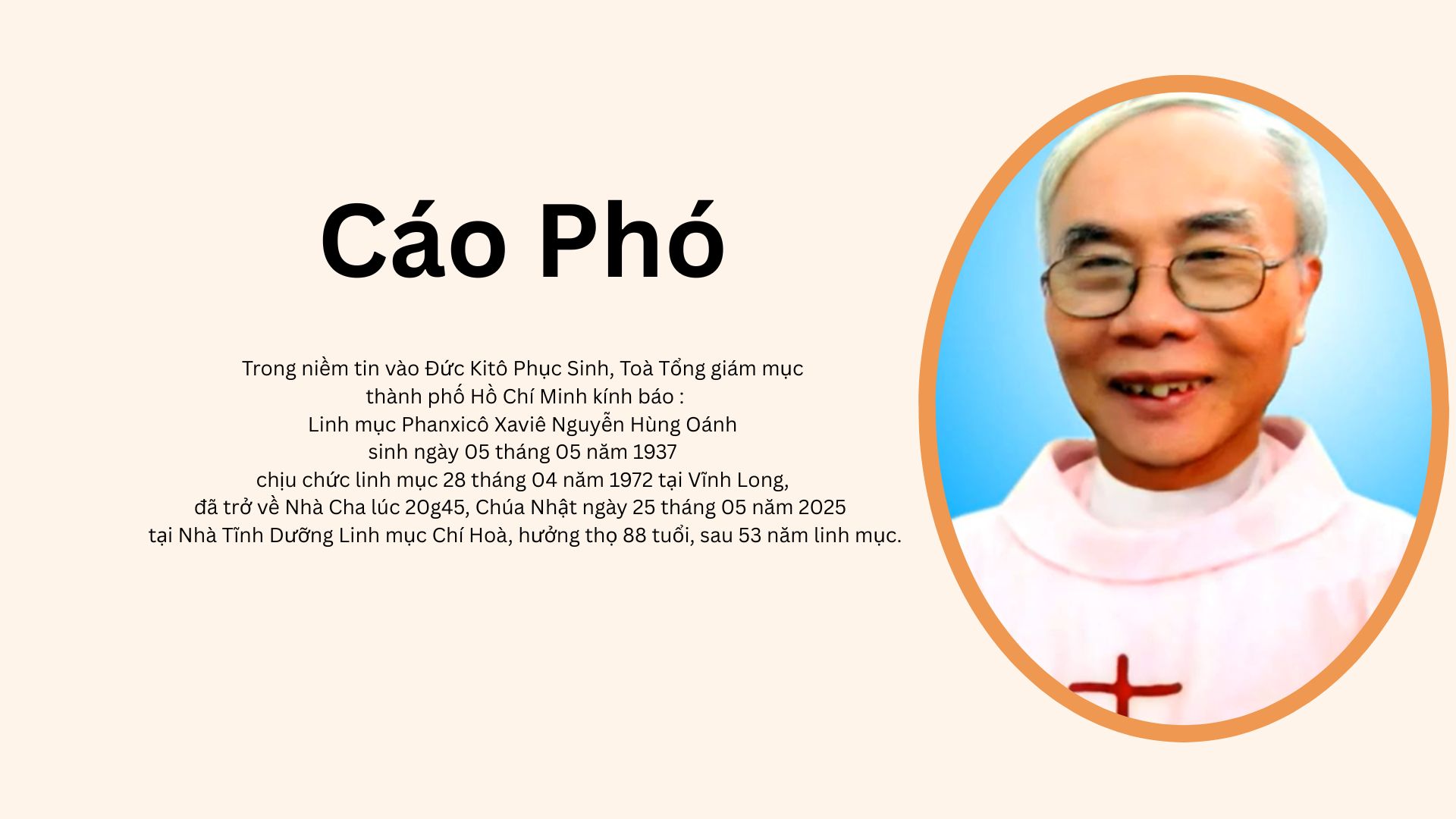 Cáo phó: Linh mục Phanxicô Xaviê Nguyễn Hùng Oánh