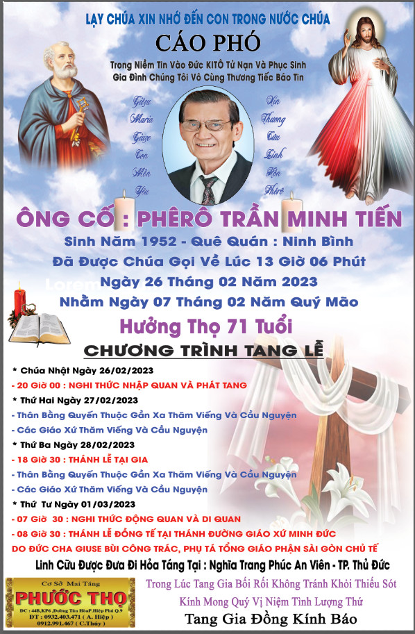 Cáo phó: thân phụ Lm GB Trần Nhật Thanh - phó xứ Tân Thái Sơn - qua đời 26-2-2023; lễ An táng 1-3-2023