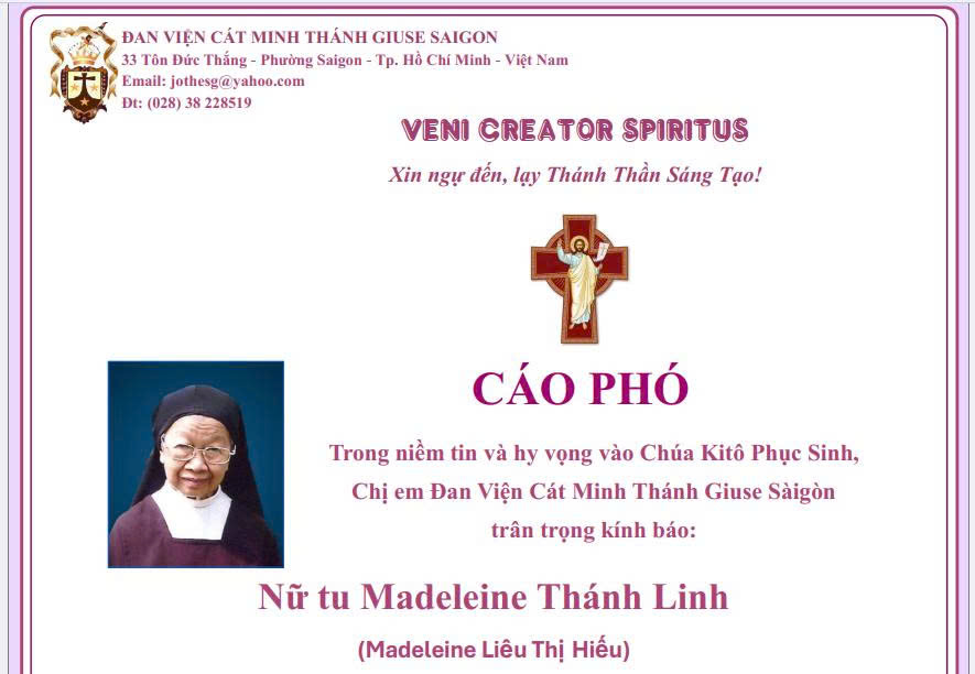 Cáo phó: Nữ tu Nữ tu Madeleine Thánh Linh - Madeleine Liêu Thị Hiếu qua đời