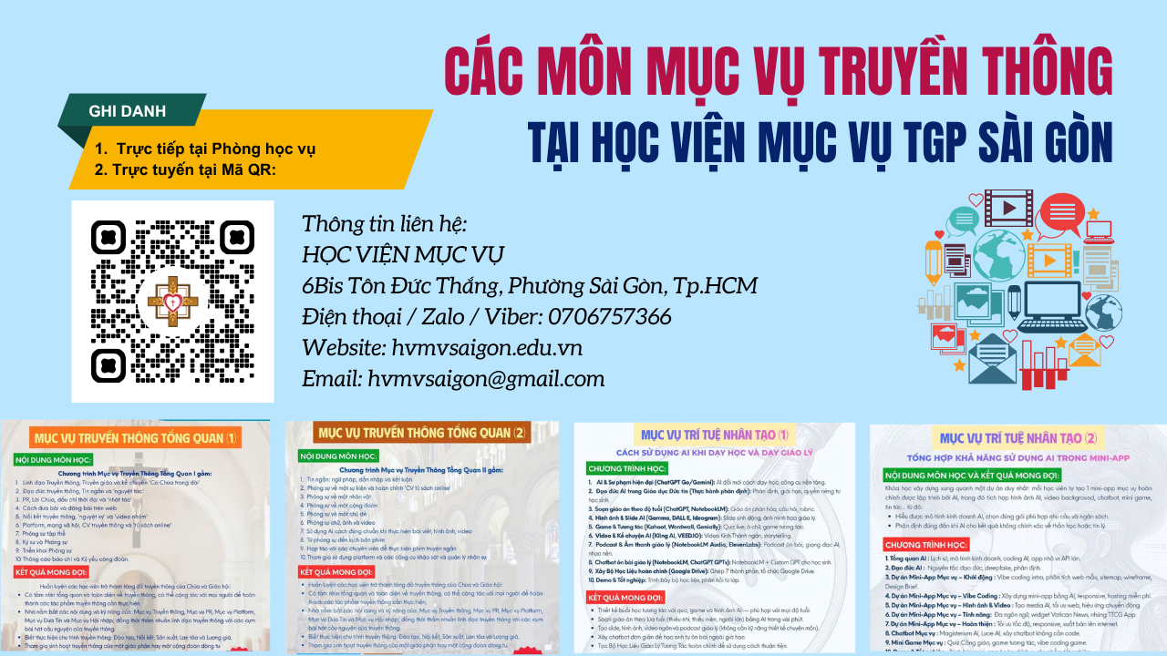 Các môn Mục vụ Truyền Thông được dạy tại Học viện Mục vụ TGP Sài Gòn trong học kỳ 1 của niên khóa 2026-2027
