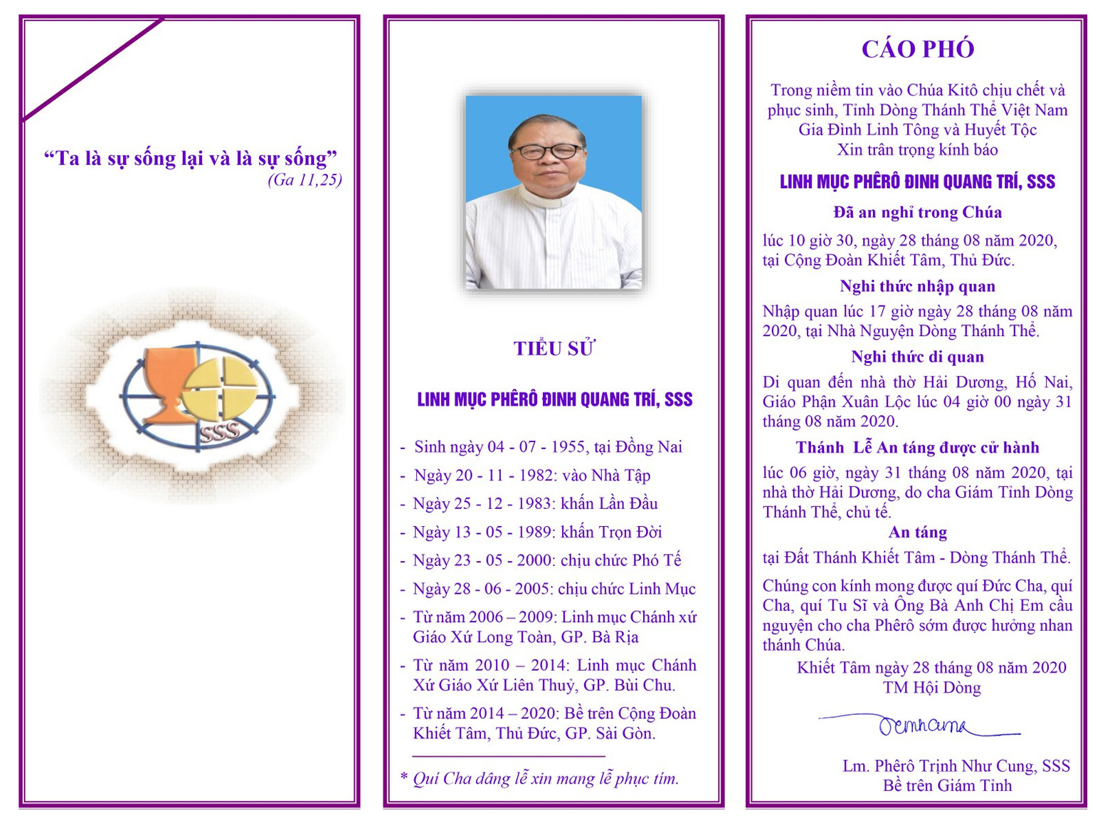 Cáo phó: Linh mục Phêrô Đinh Quang Trí (SSS) trở về Nhà Cha ngày 28-8-2020; Thánh lễ an táng lúc 6g sáng thứ Hai 31-8-2020