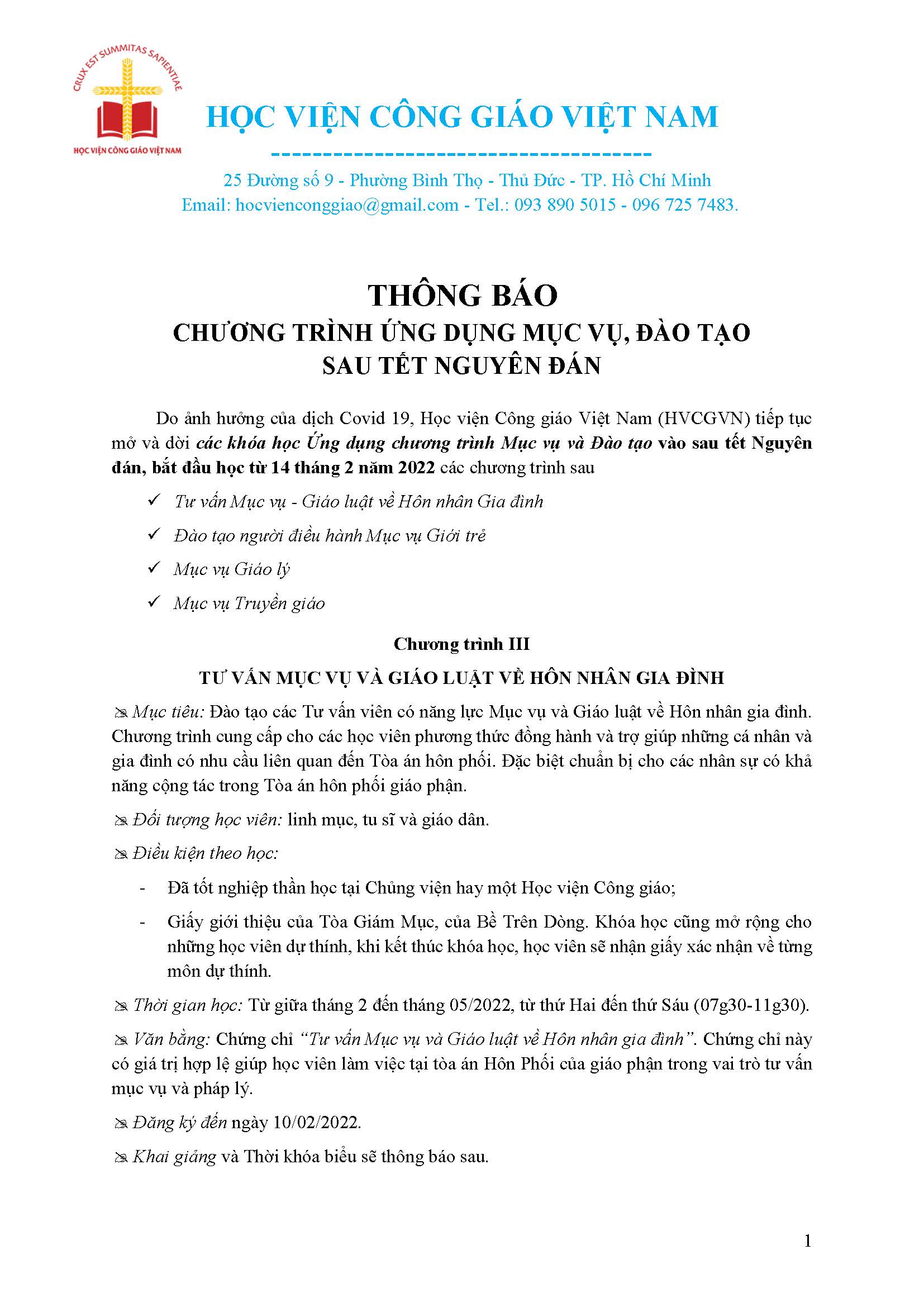 Học viện Công giáo Việt Nam: Thông báo Chương trình Ứng dụng Mục vụ, Đào tạo sau Tết Nguyên Đán