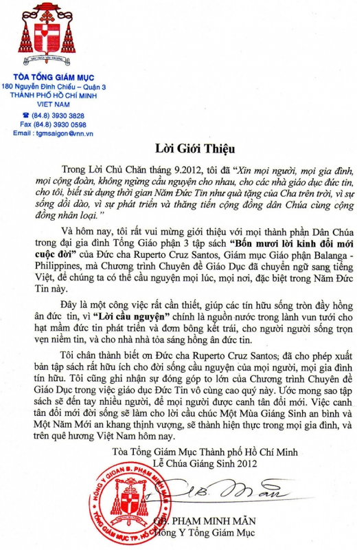 Lời giới thiệu của vị cha chung ĐHY GB Phạm Minh Mẫn – Tổng Giám mục Tổng Giáo phận TPHCM